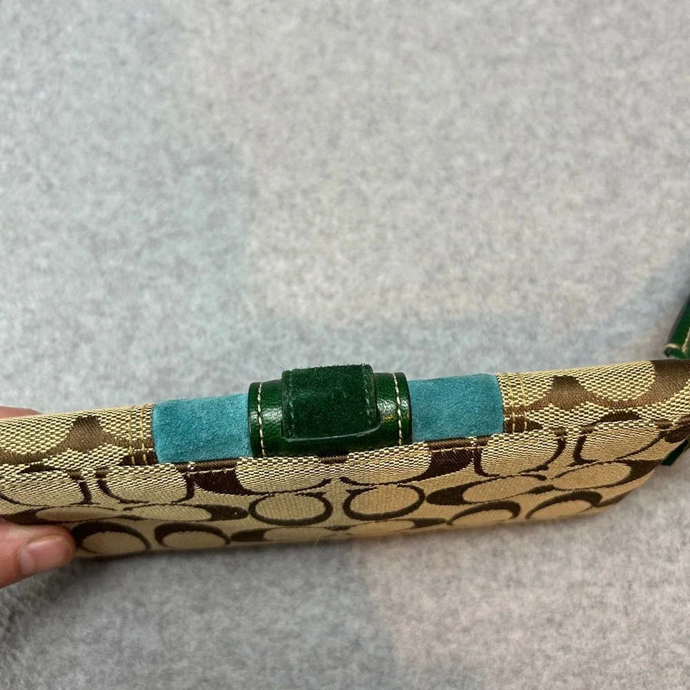 Coach Y2K Signature Patchwork Wristlet Green Teal Suede Canvas Buckle Wallet Bag
